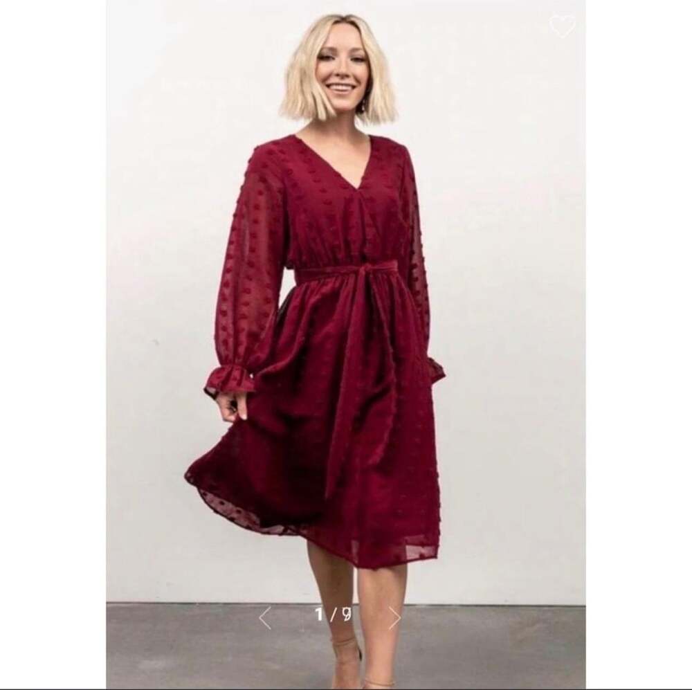 NWT Baltic Born Paisley Dot Midi Dress Burgundy Wine Red Long Sleeve Wrap Small